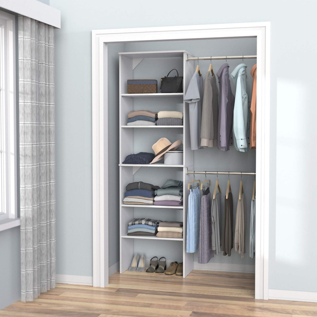 Wood Closet Organizer System with Tower and 3 Hang Rods and Shelving G1667