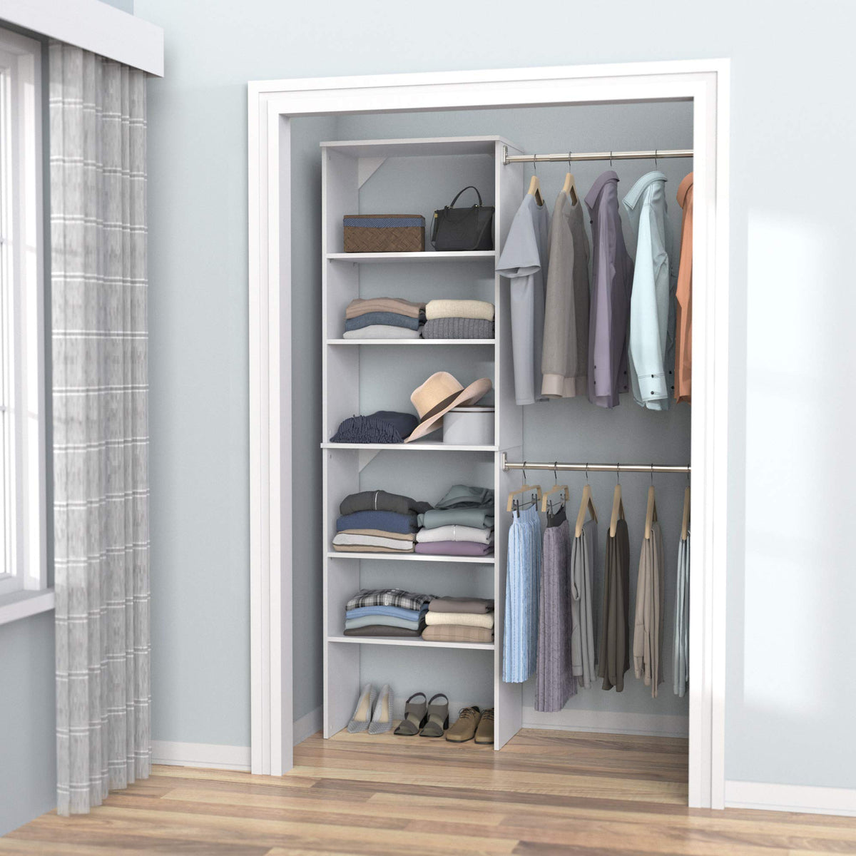 Wood Closet Organizer System with Tower and 3 Hang Rods and Shelving G1667