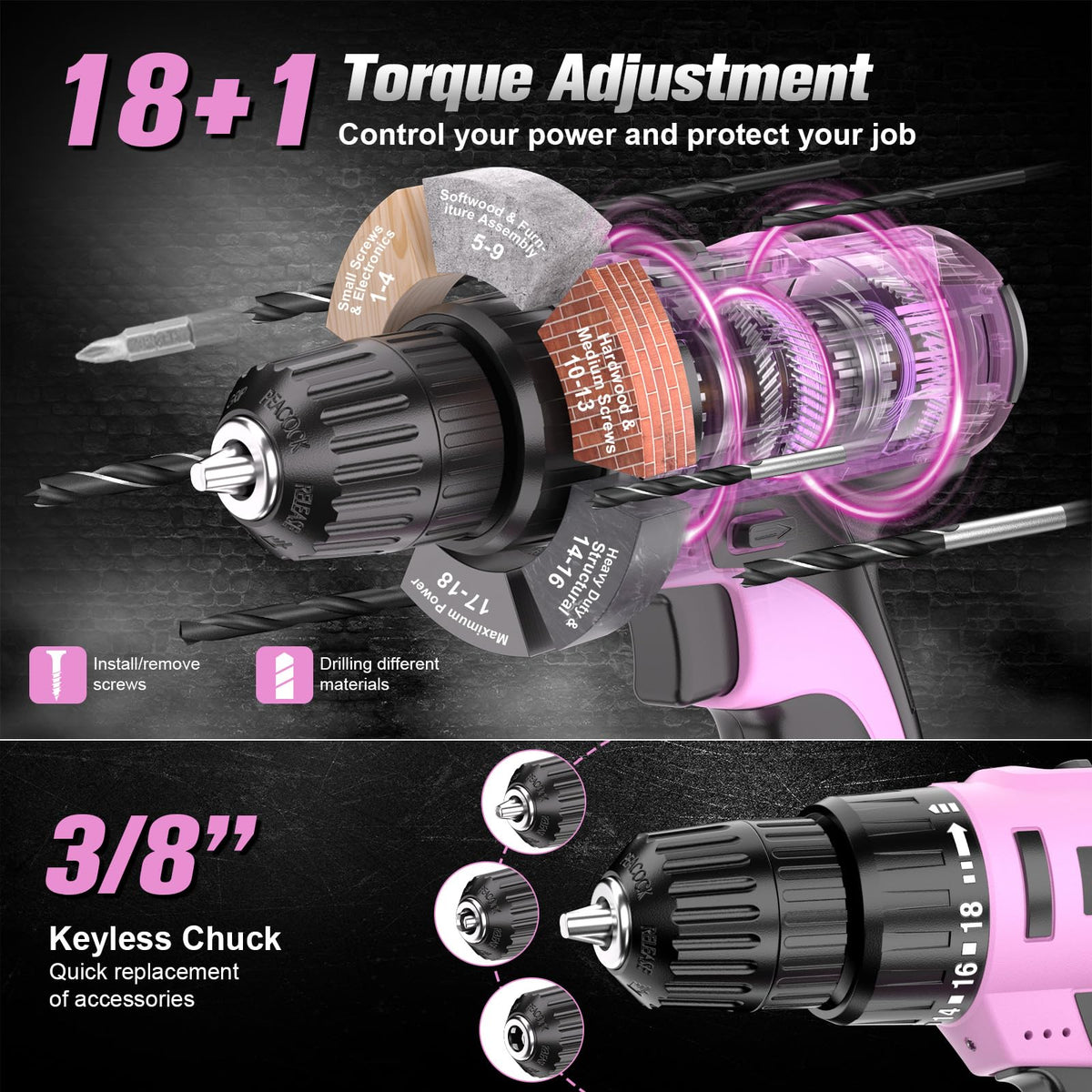 20V Cordless Pink Drill Set with Battery & Charger Q3859