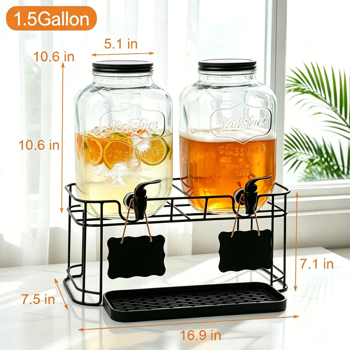 2 Pack 1.5 Gallon Glass Beverage Dispenser with Stand K5370