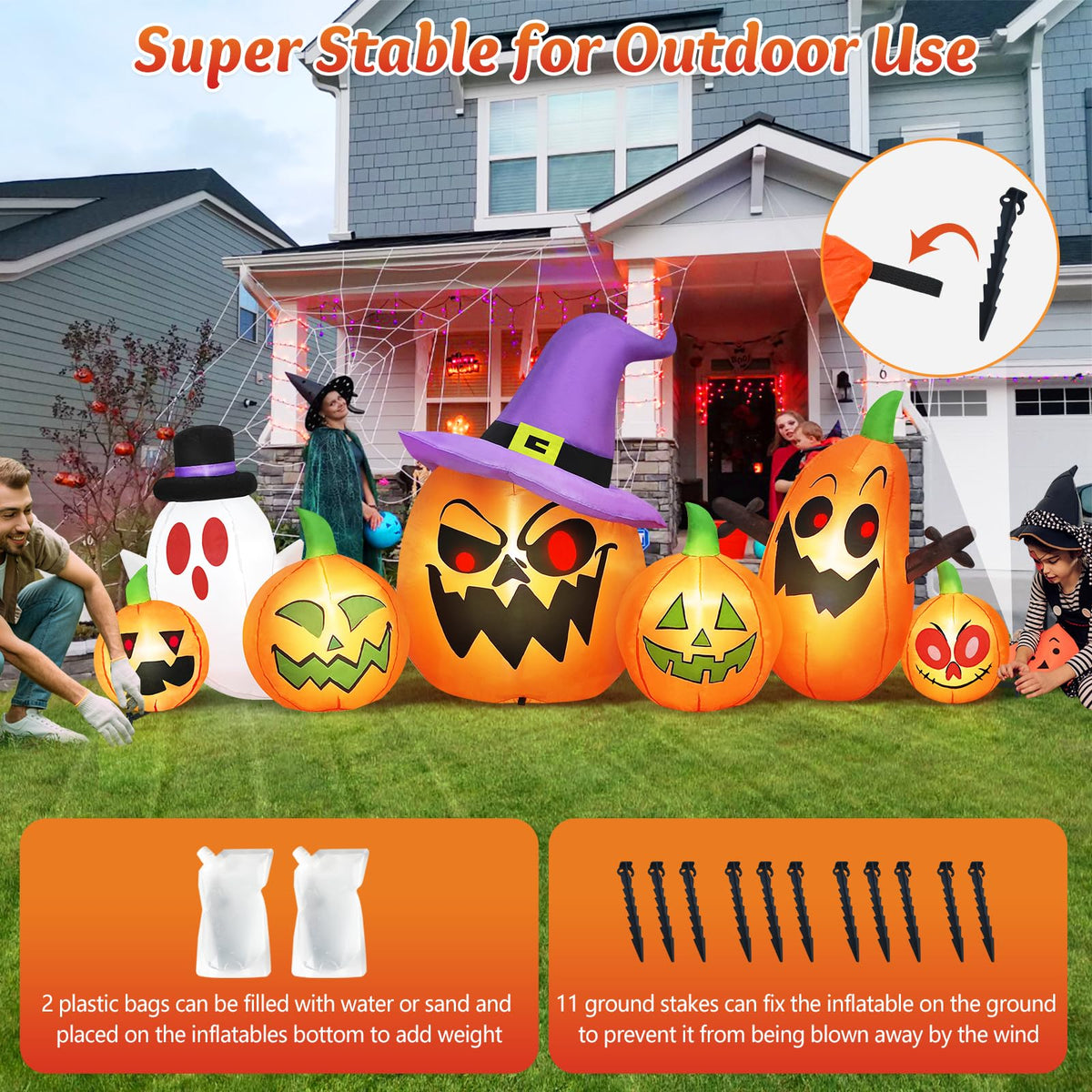 8FT Halloween Inflatables Pumpkin Witch Hat & Ghost Combo W3454
