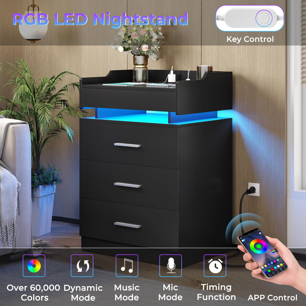 Black 3 Drawer Nightstand with Charging Station and LED Lights Z110064