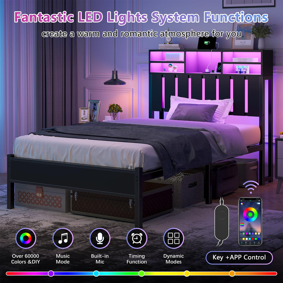 Twin Size Bed Frame with Storage Headboard and LED Lights H755