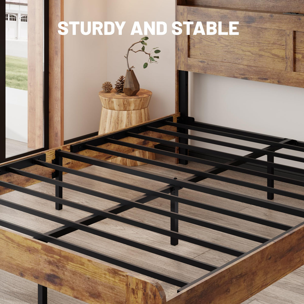 King Size Wooden Bed Frame with Storage Headboard U830843