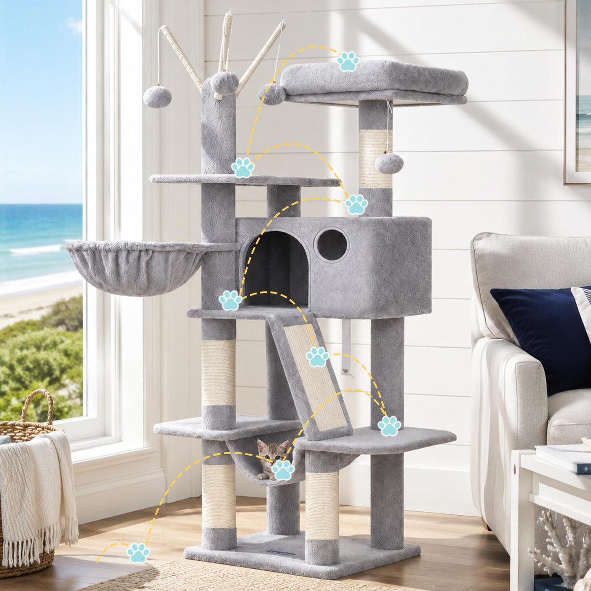 Cat Tree Tower with Padded Platform Bed, Hammock N99351
