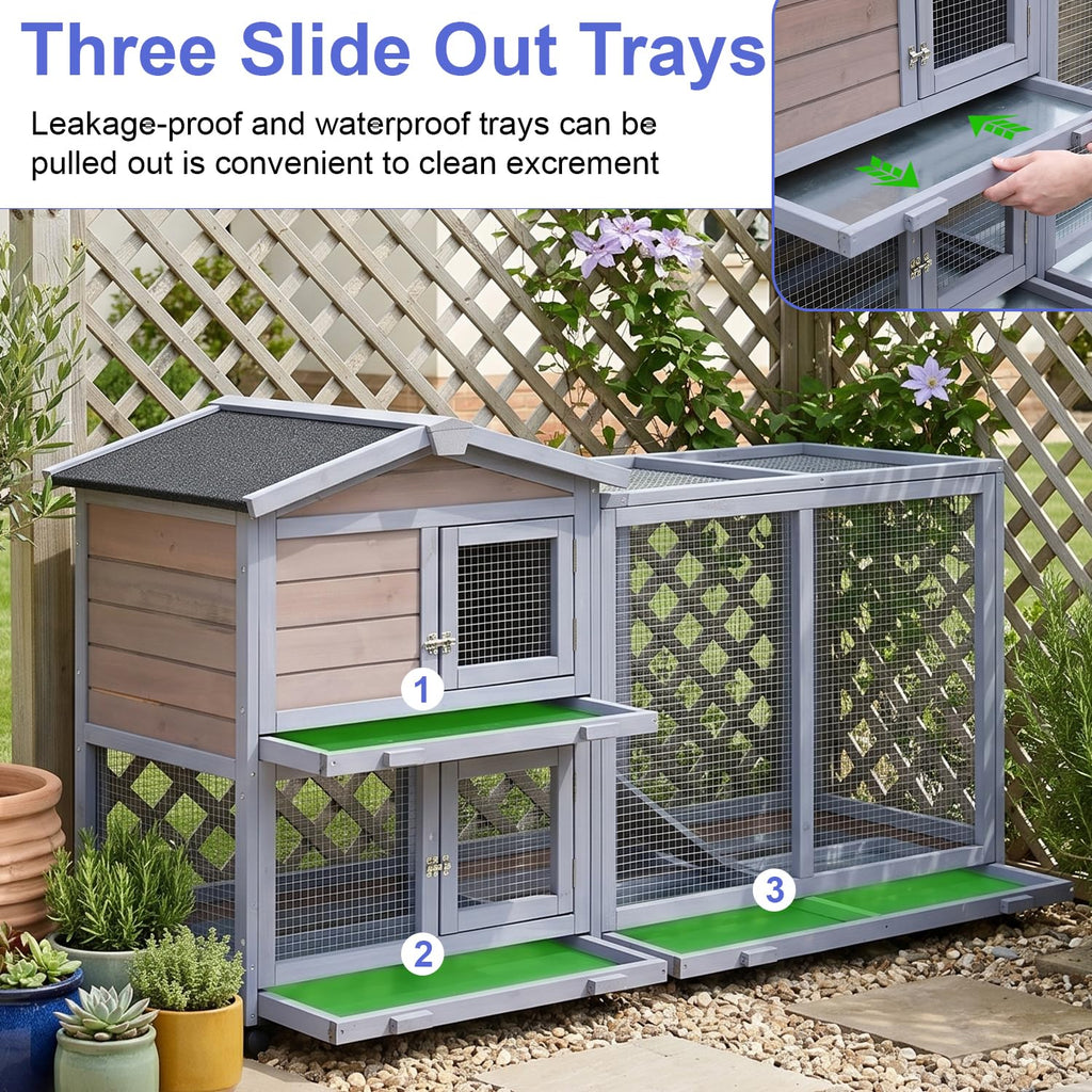 Wooden Rabbit Hutch with Casters and Tray P53564