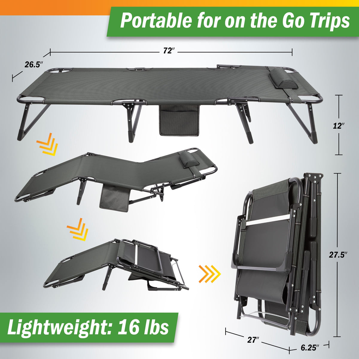 Folding Camping Cot with Mattress, Heavy Duty Foldable Bed with 3 Recline Positions, Gray E5993