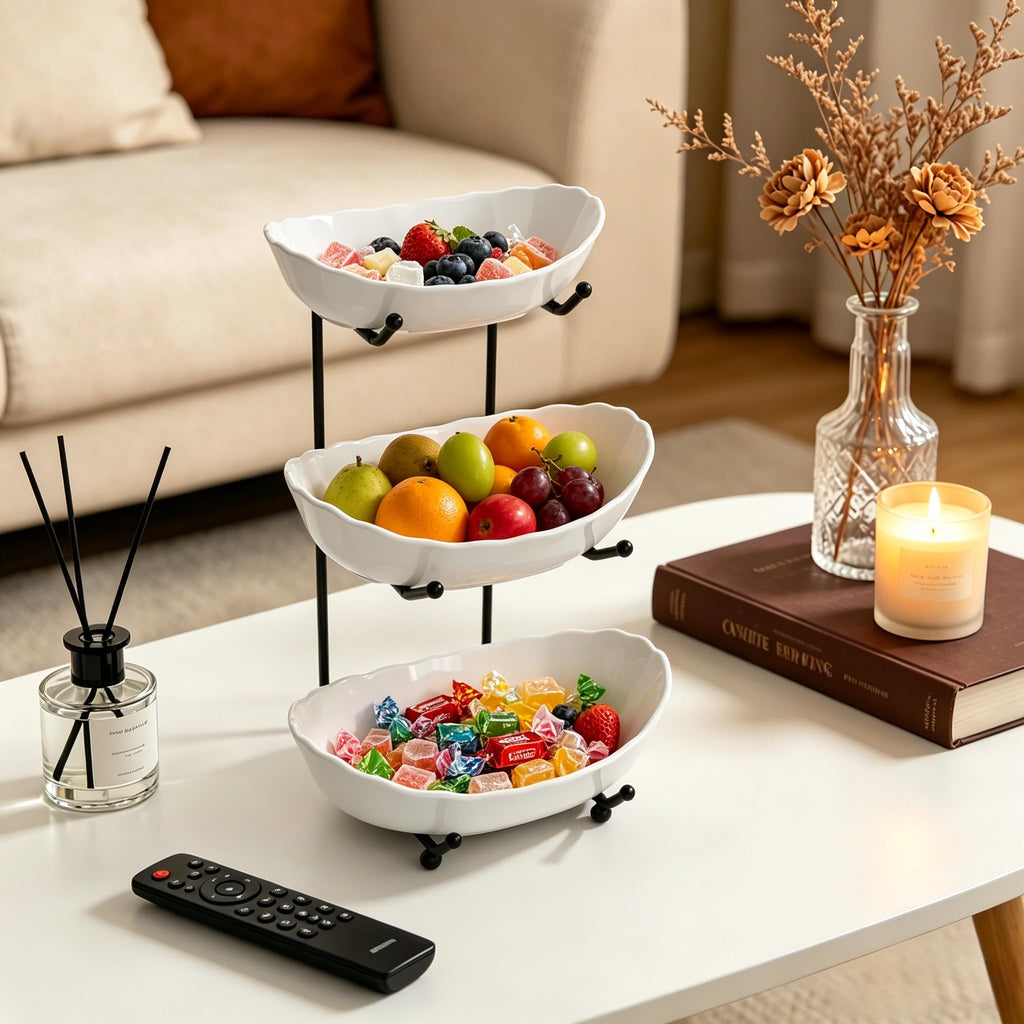 3 Tier Ceramic Fruit Bowl with Metal Stand I5094