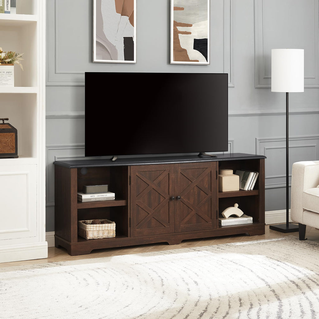 Espresso and Black TV Media Stand with Open Shelves and Closed Cabinets D82158