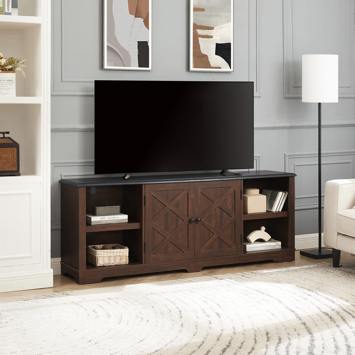 Espresso and Black TV Media Stand with Open Shelves and Closed Cabinets D82158