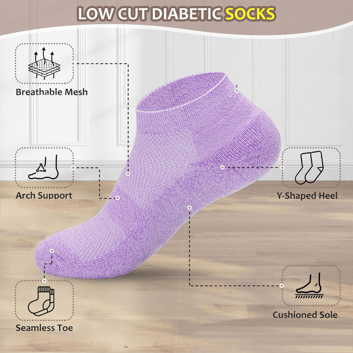 5 Pairs Non-Binding Low Cut Diabetic Socks Size 9-11 P6028