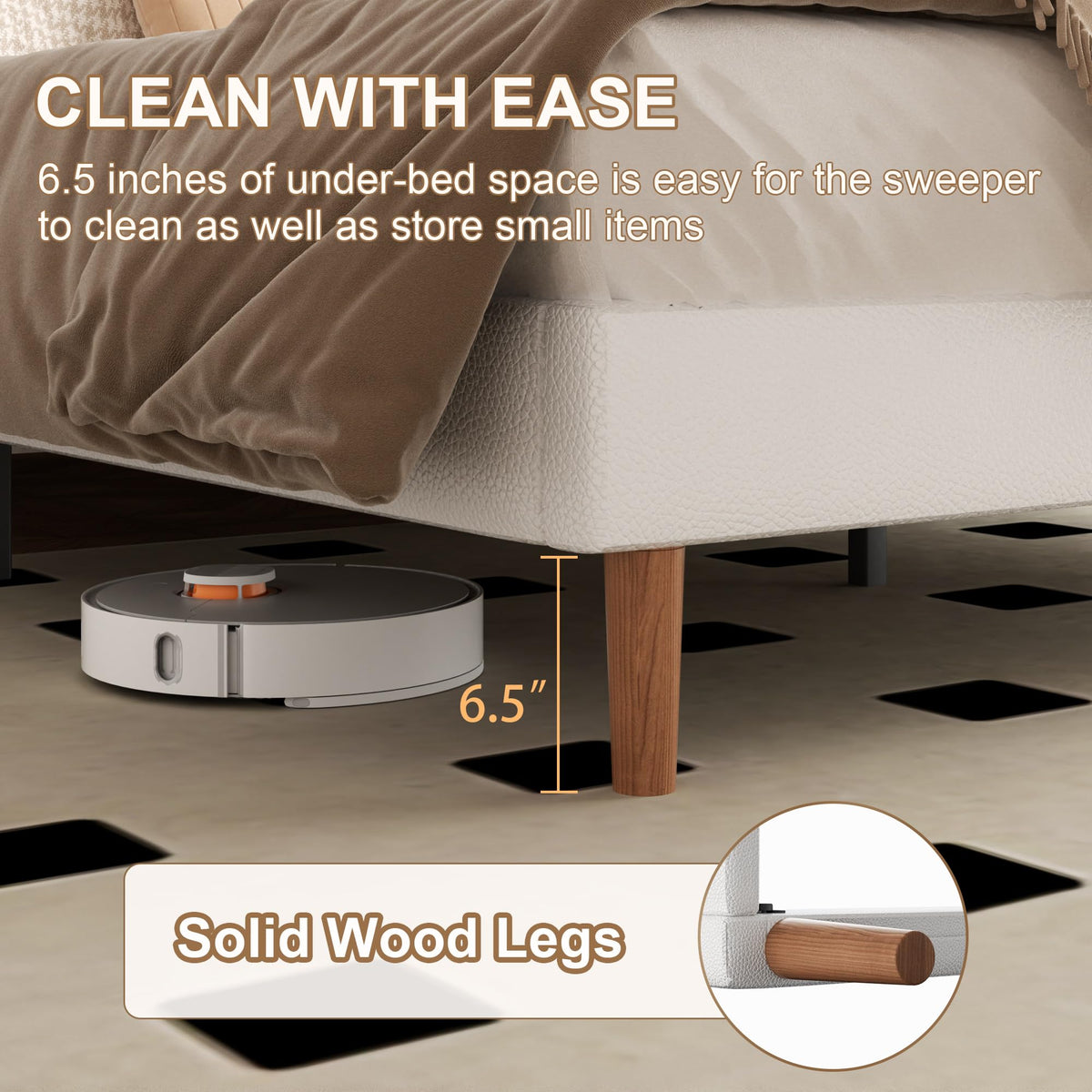 White Upholstered Bed Frame with Adjustable Headboard D65548
