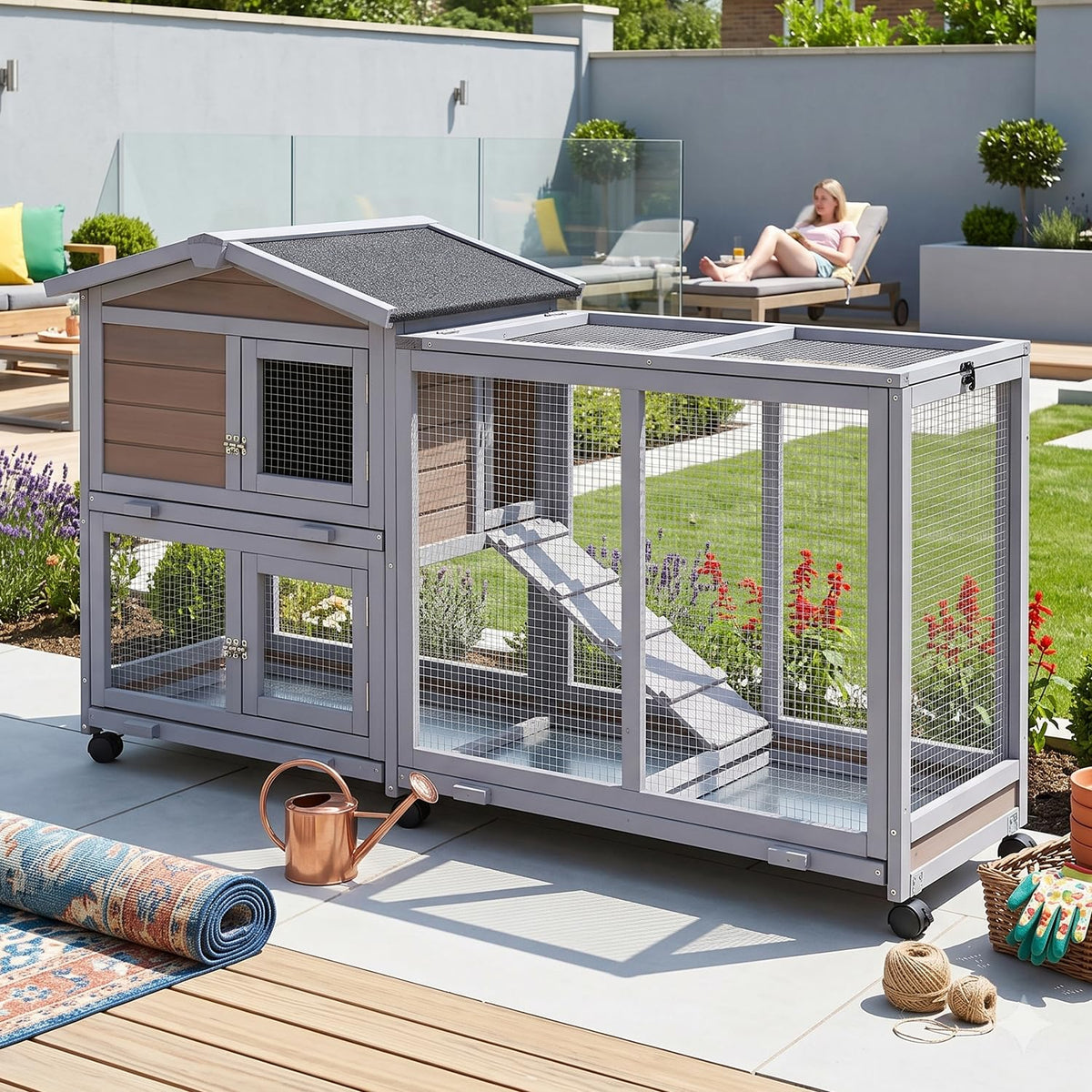 Wooden Rabbit Hutch with Casters and Tray P53564