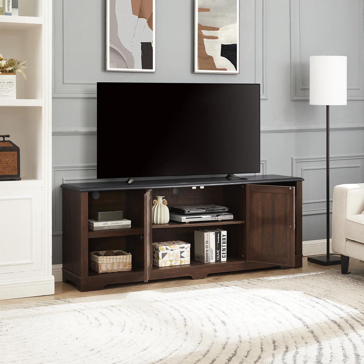 Espresso and Black TV Media Stand with Open Shelves and Closed Cabinets D82158
