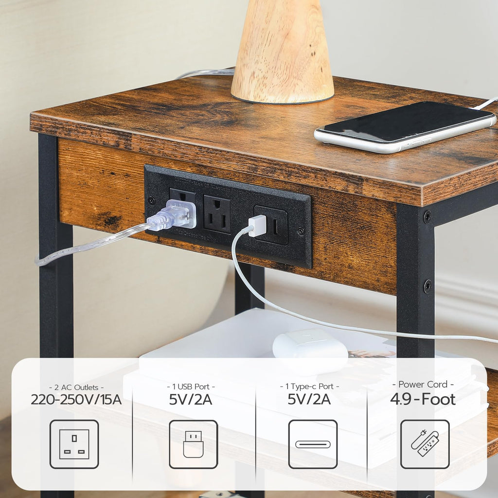 Side Table with Charging Station and USB Port, 3-Tier Nightstand with Adjustable Shelf, Rustic Brown G522