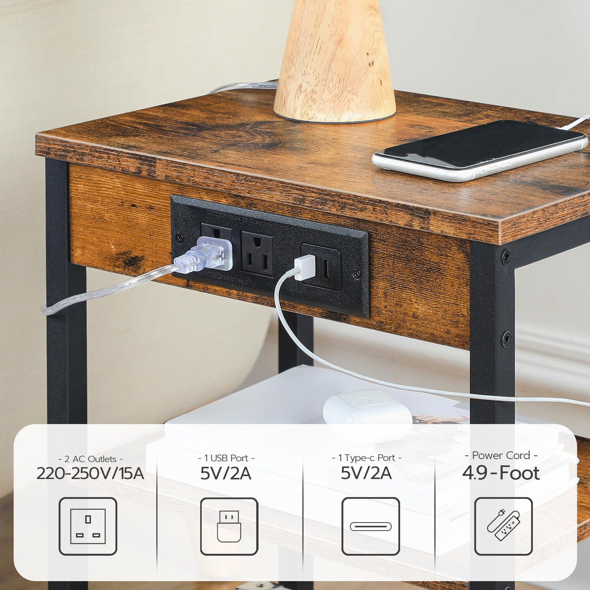 Side Table with Charging Station and USB Port, 3-Tier Nightstand with Adjustable Shelf, Rustic Brown G522