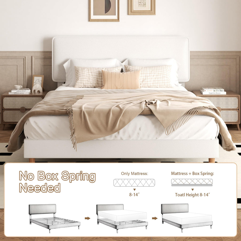 White Upholstered Bed Frame with Adjustable Headboard D65548