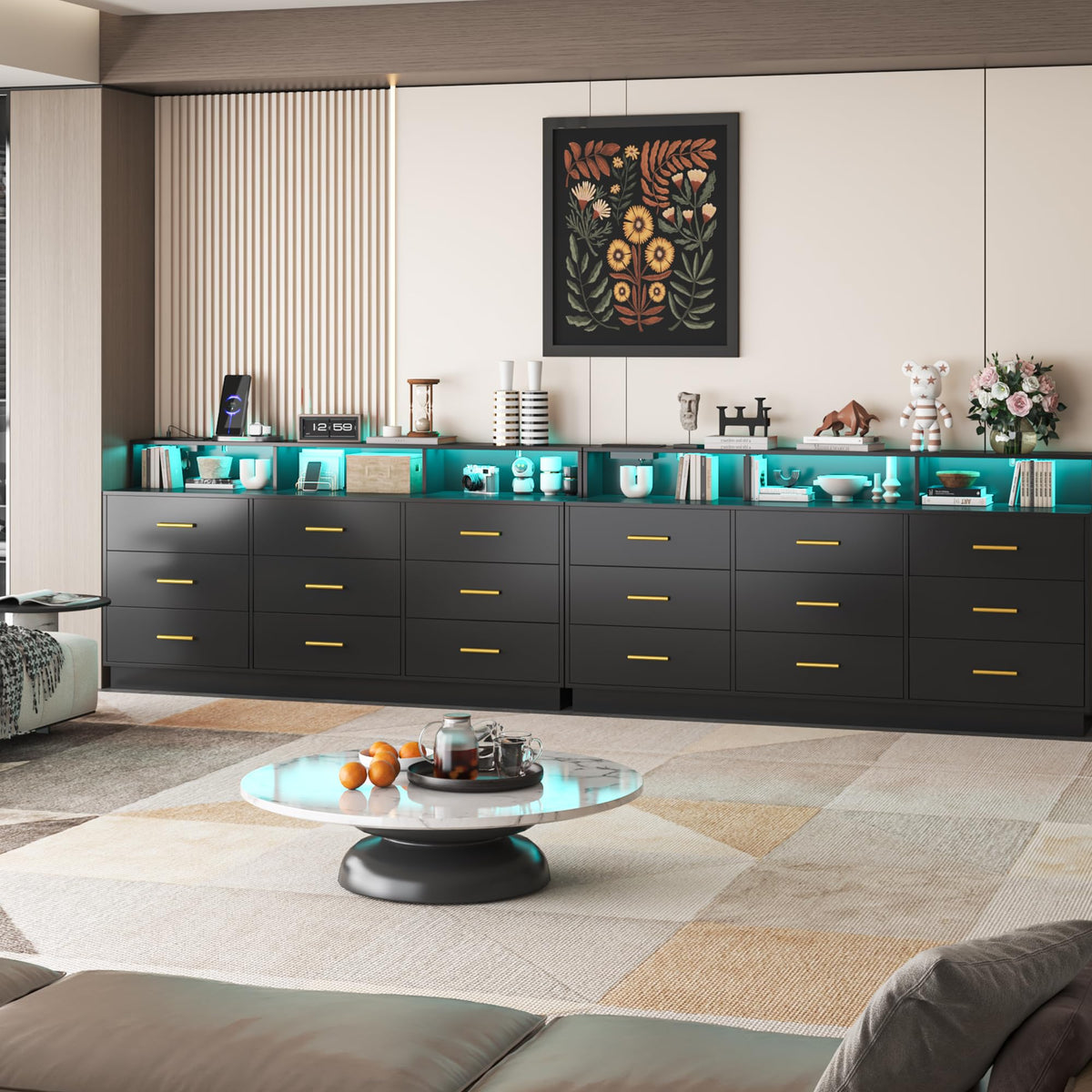 Black 9 Drawer Wood Dresser with LED Light and Power Outlet N458