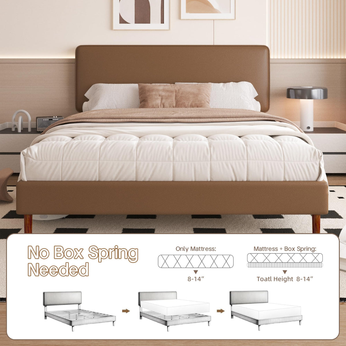 Brown Leather Full Size Platform Bed Frame J798249