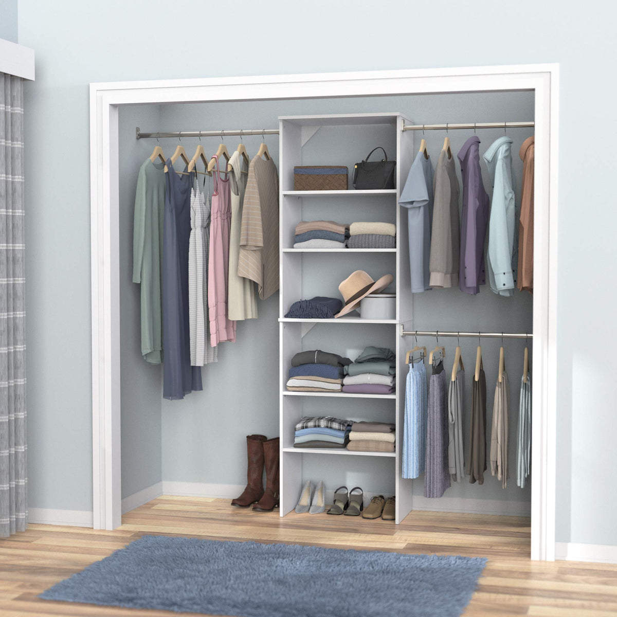 Wood Closet Organizer System with Tower and 3 Hang Rods and Shelving G1667