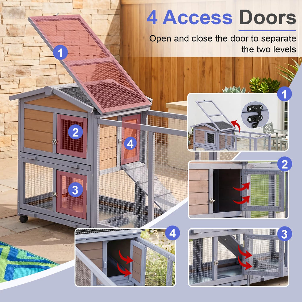 Wooden Rabbit Hutch with Casters and Tray P53564