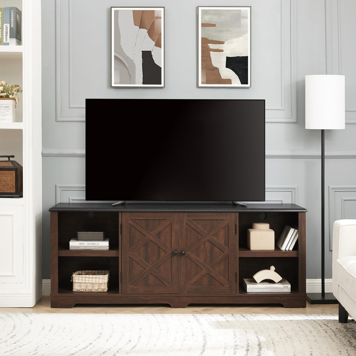 Espresso and Black TV Media Stand with Open Shelves and Closed Cabinets D82158