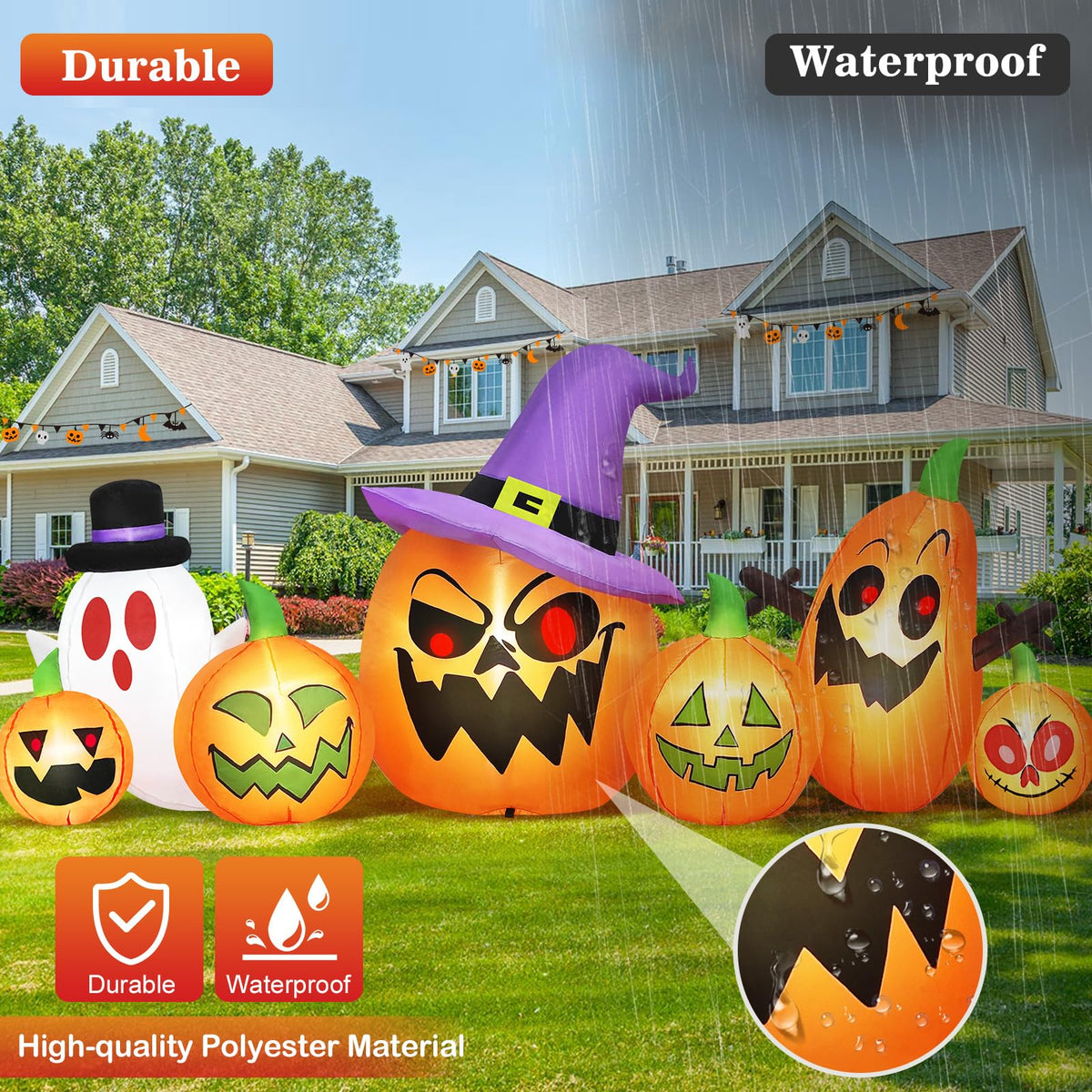 8FT Halloween Inflatables Pumpkin Witch Hat & Ghost Combo W3454