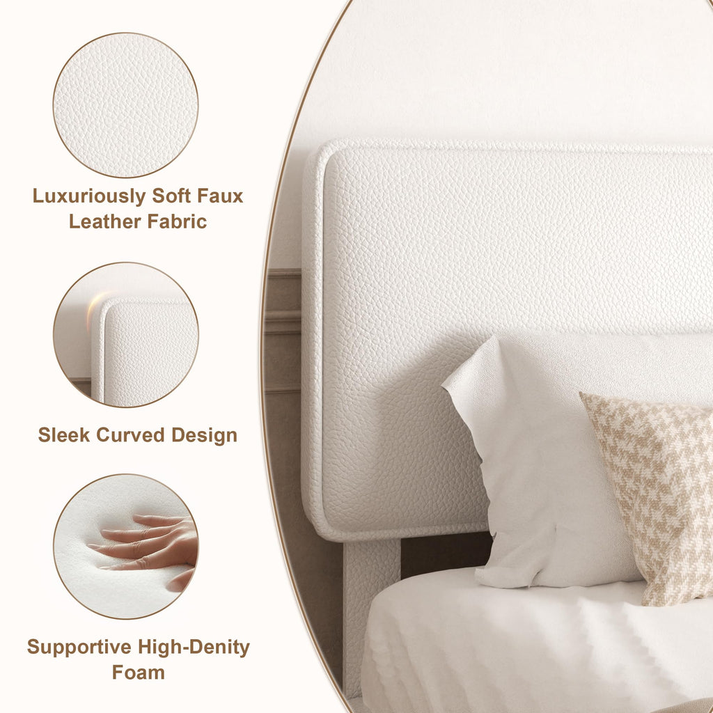 White Upholstered Bed Frame with Adjustable Headboard D65548