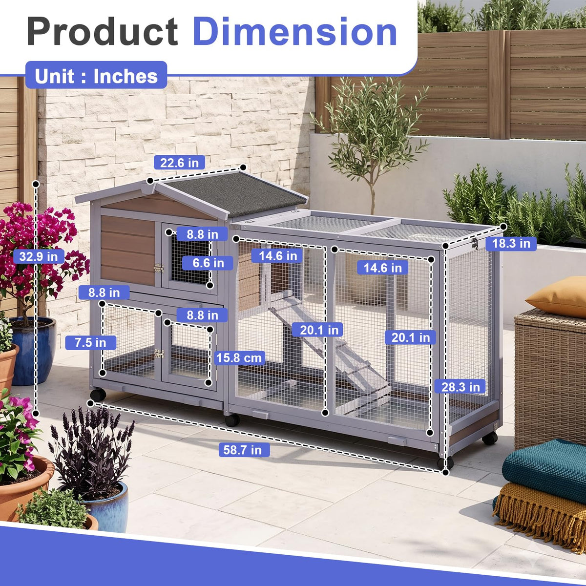 Wooden Rabbit Hutch with Casters and Tray P53564