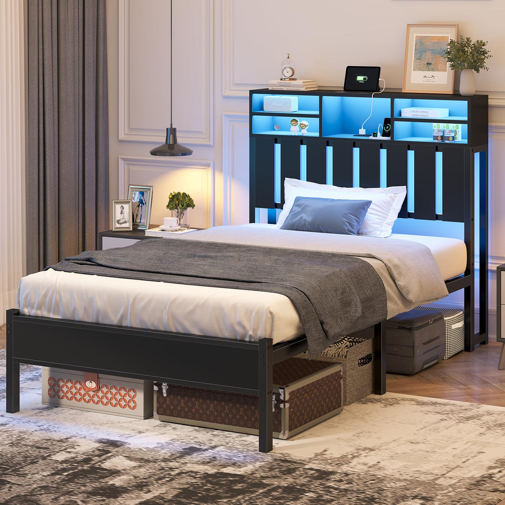 Twin Size Bed Frame with Storage Headboard and LED Lights H755