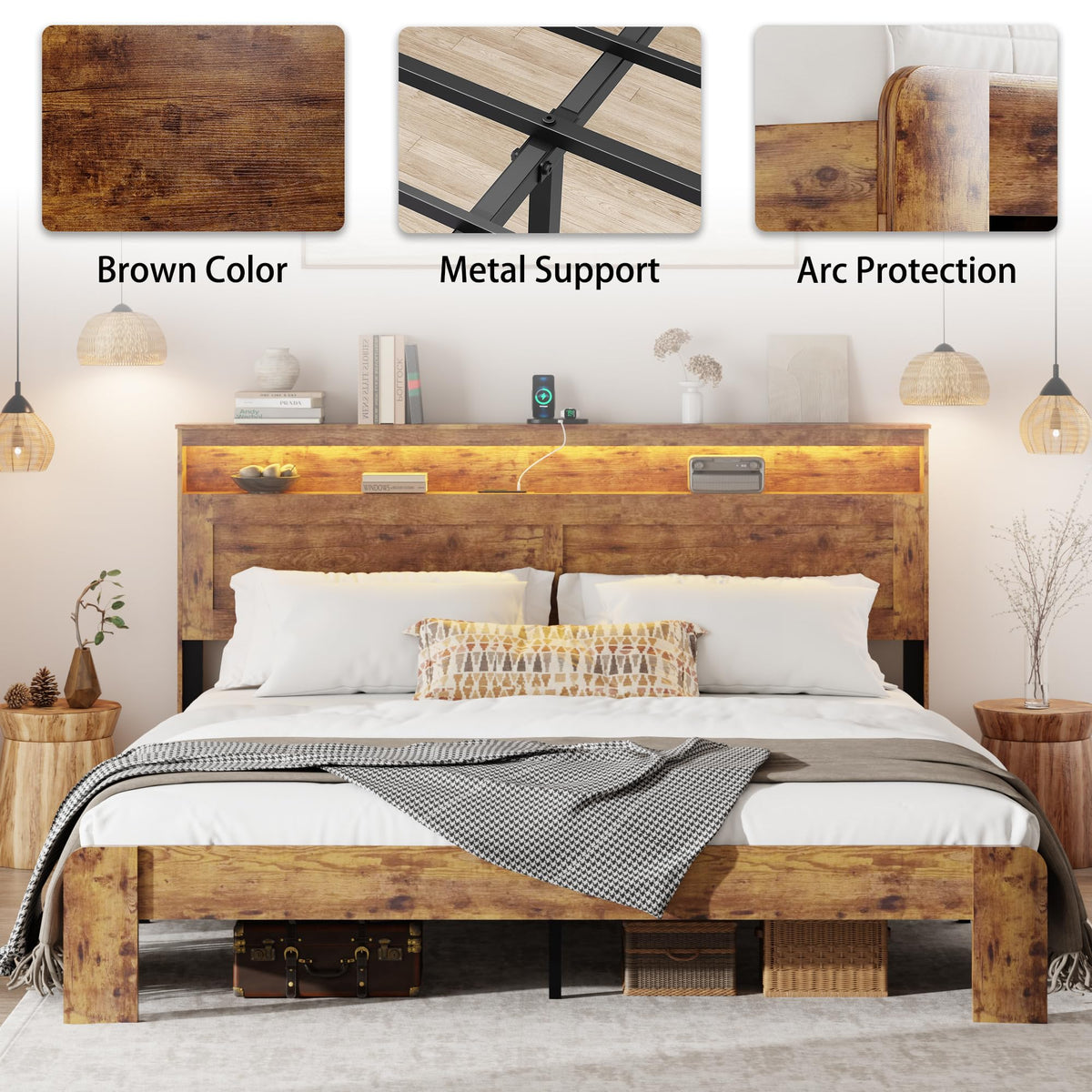 King Size Wooden Bed Frame with Storage Headboard U830843
