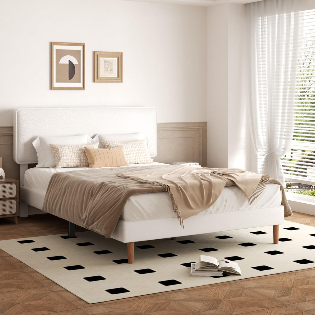 White Upholstered Bed Frame with Adjustable Headboard D65548