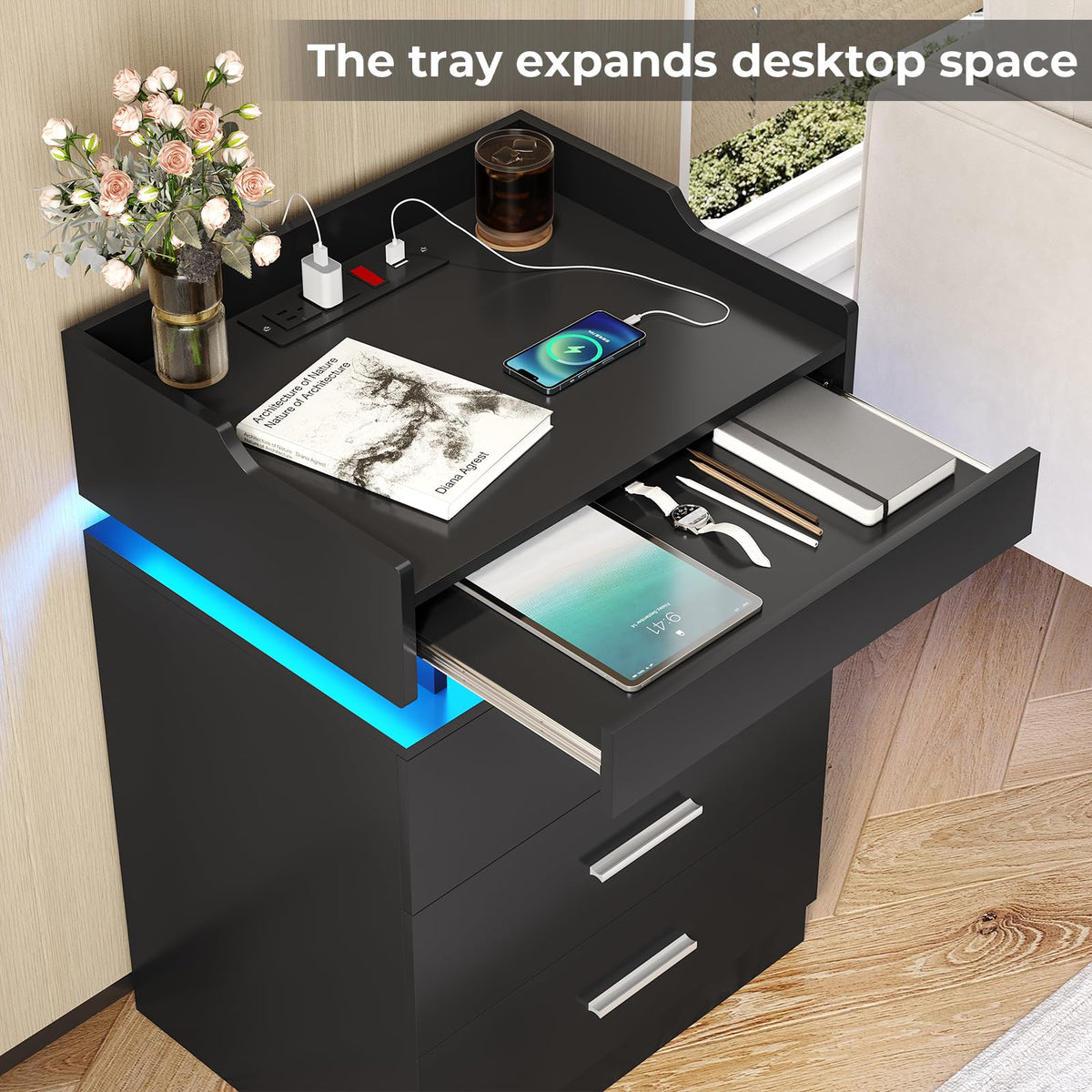 Black 3 Drawer Nightstand with Charging Station and LED Lights Z110064