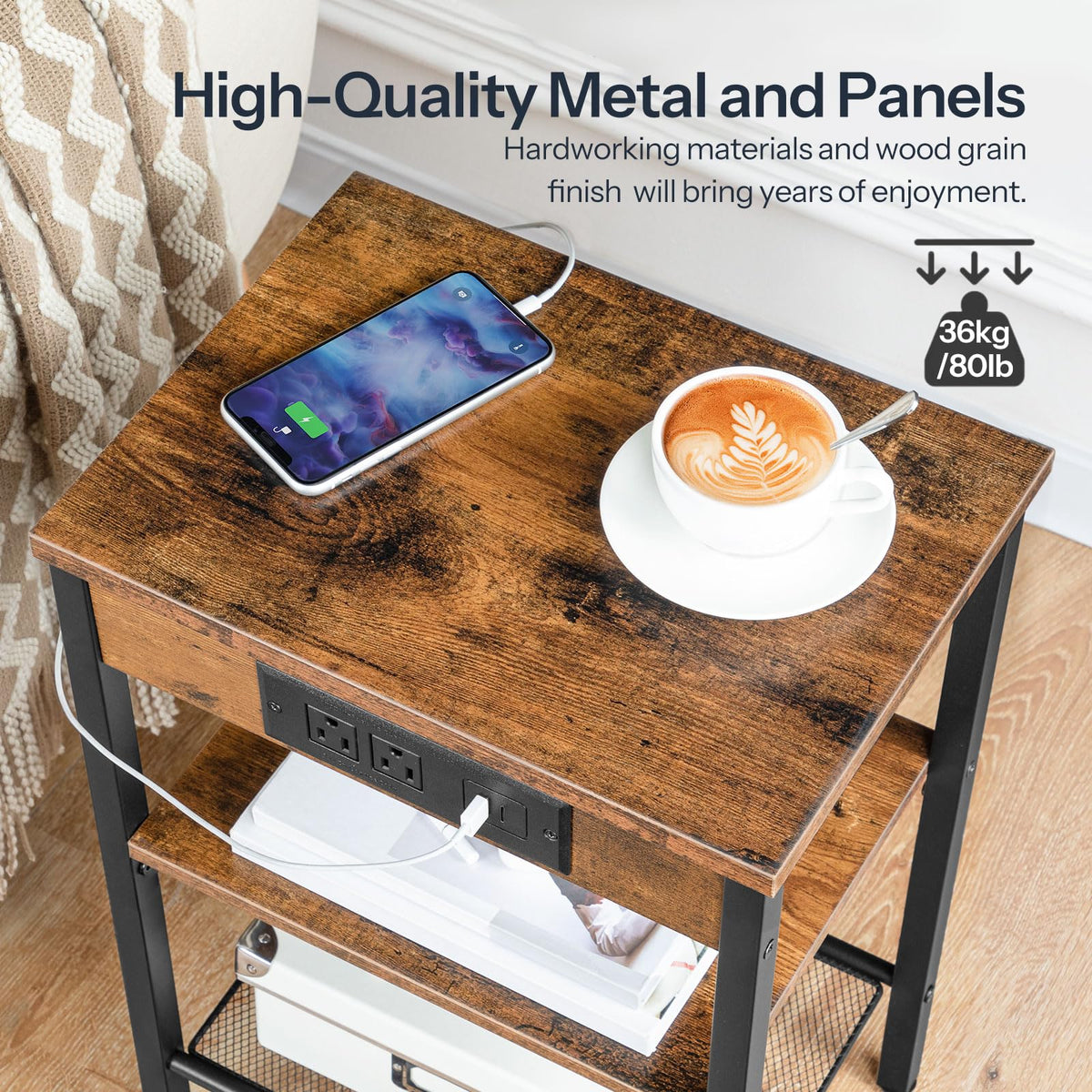 Side Table with Charging Station and USB Port, 3-Tier Nightstand with Adjustable Shelf, Rustic Brown G522