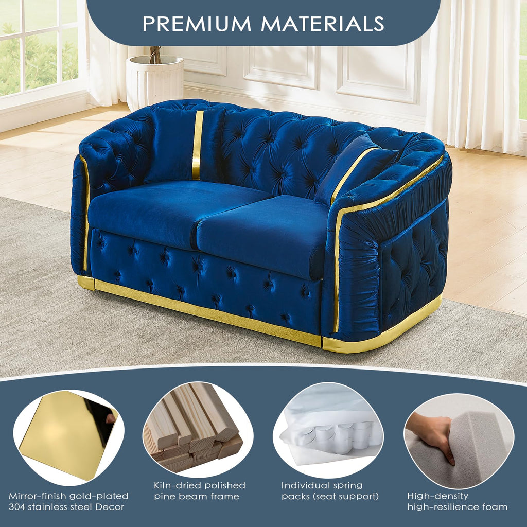 Blue and Gold Velvet Button Tufted Loveseat Sofa L467517