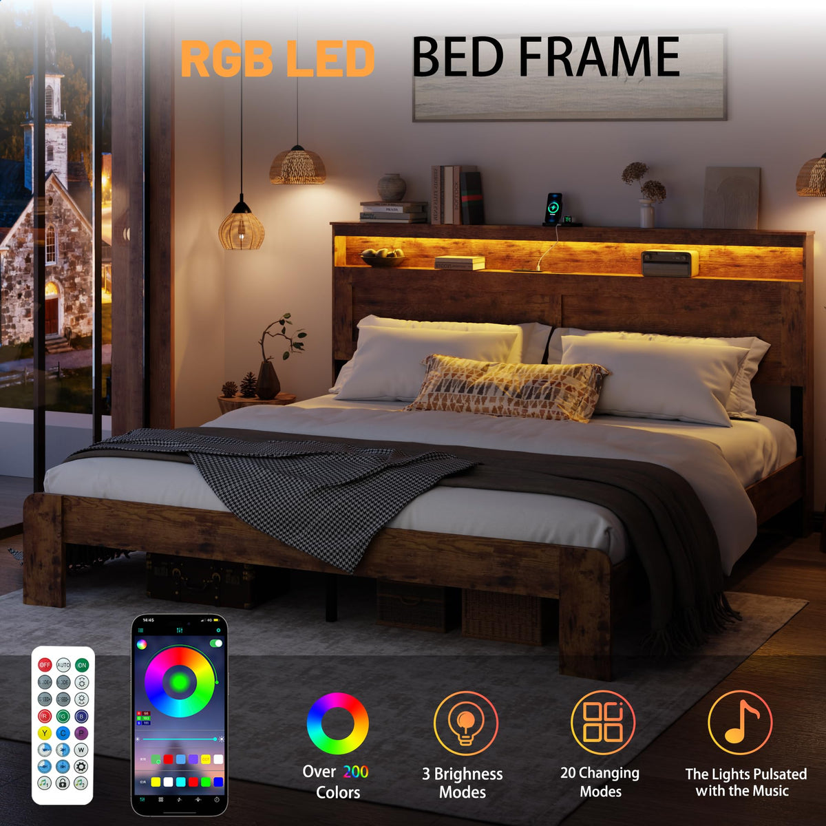 King Size Wooden Bed Frame with Storage Headboard U830843