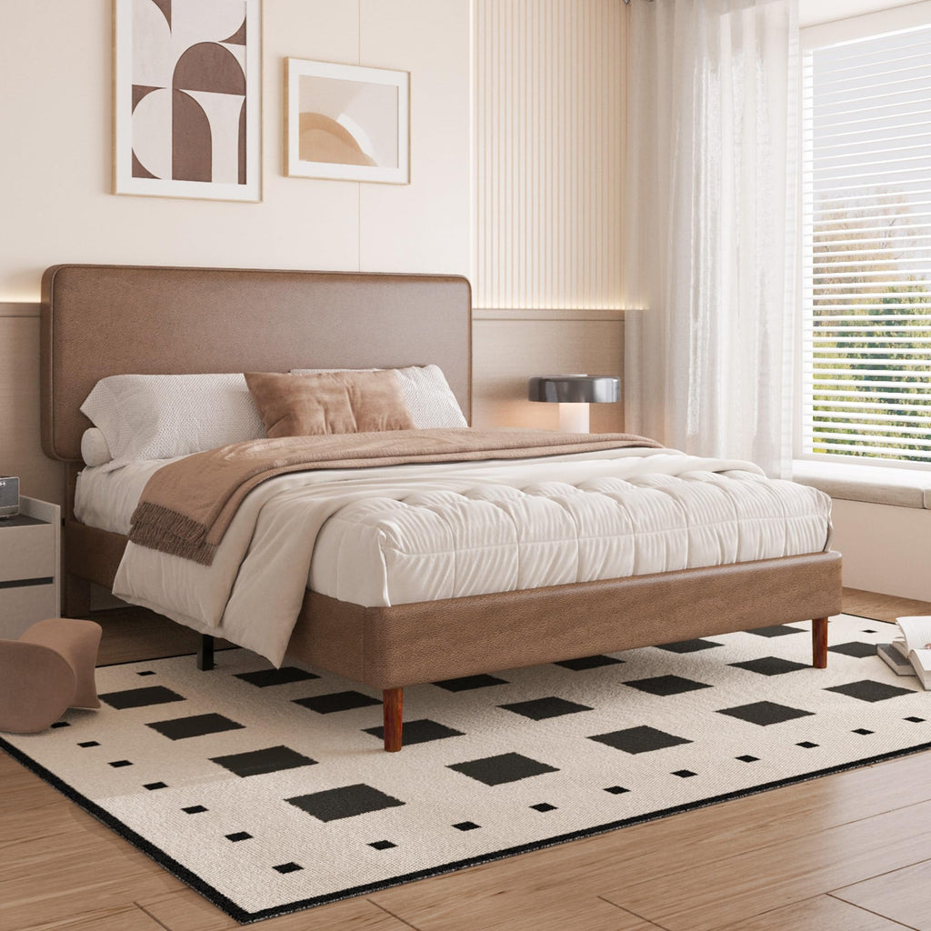 Brown Leather Full Size Platform Bed Frame J798249