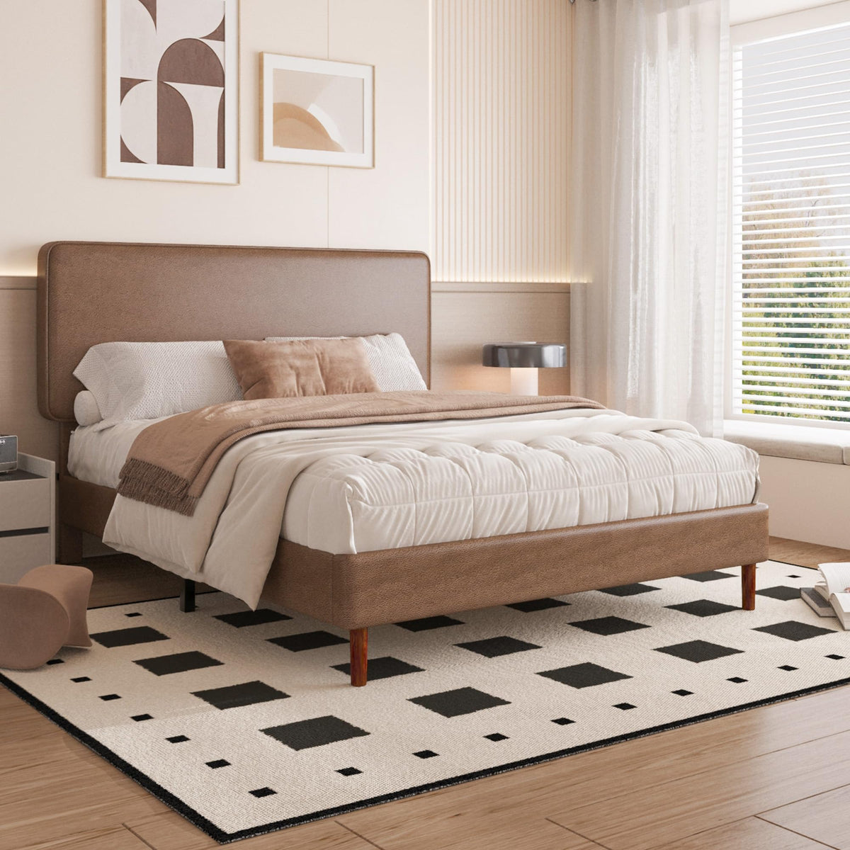 Brown Leather Full Size Platform Bed Frame J798249