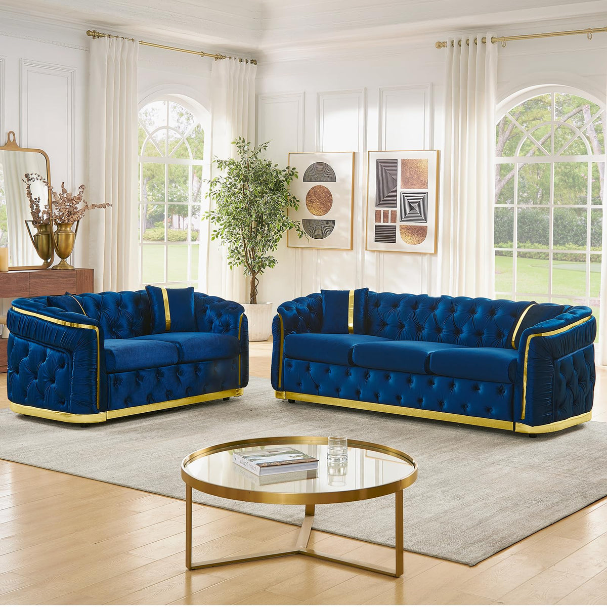 Blue and Gold Velvet Button Tufted Loveseat Sofa L467517