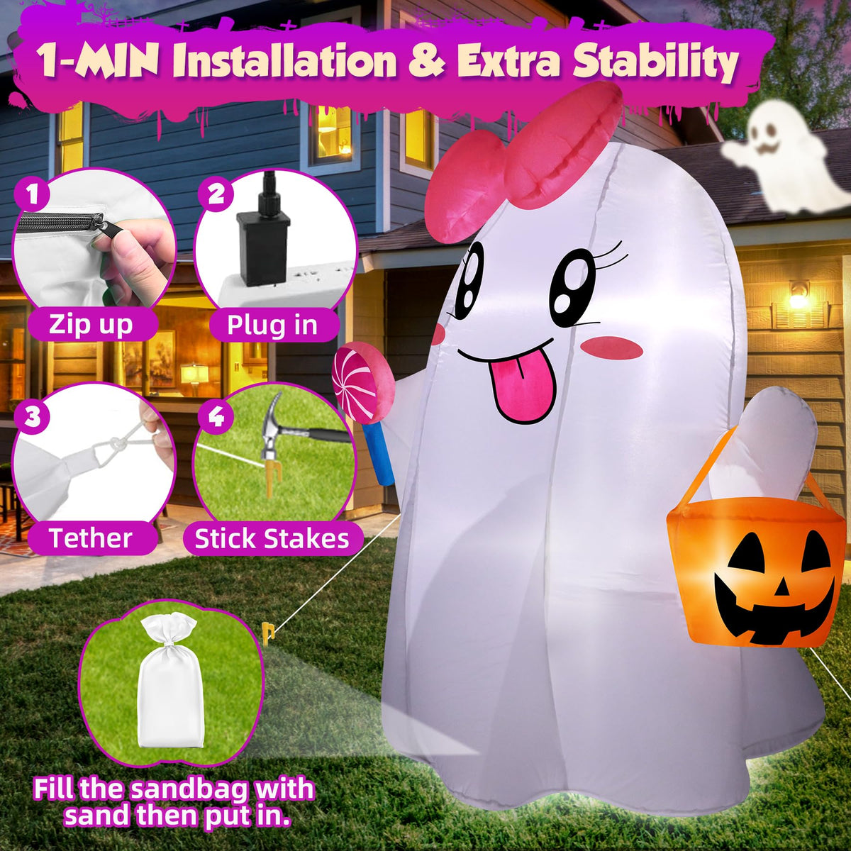 5FT Halloween Inflatables Ghost with Built-in LED Lights I55315