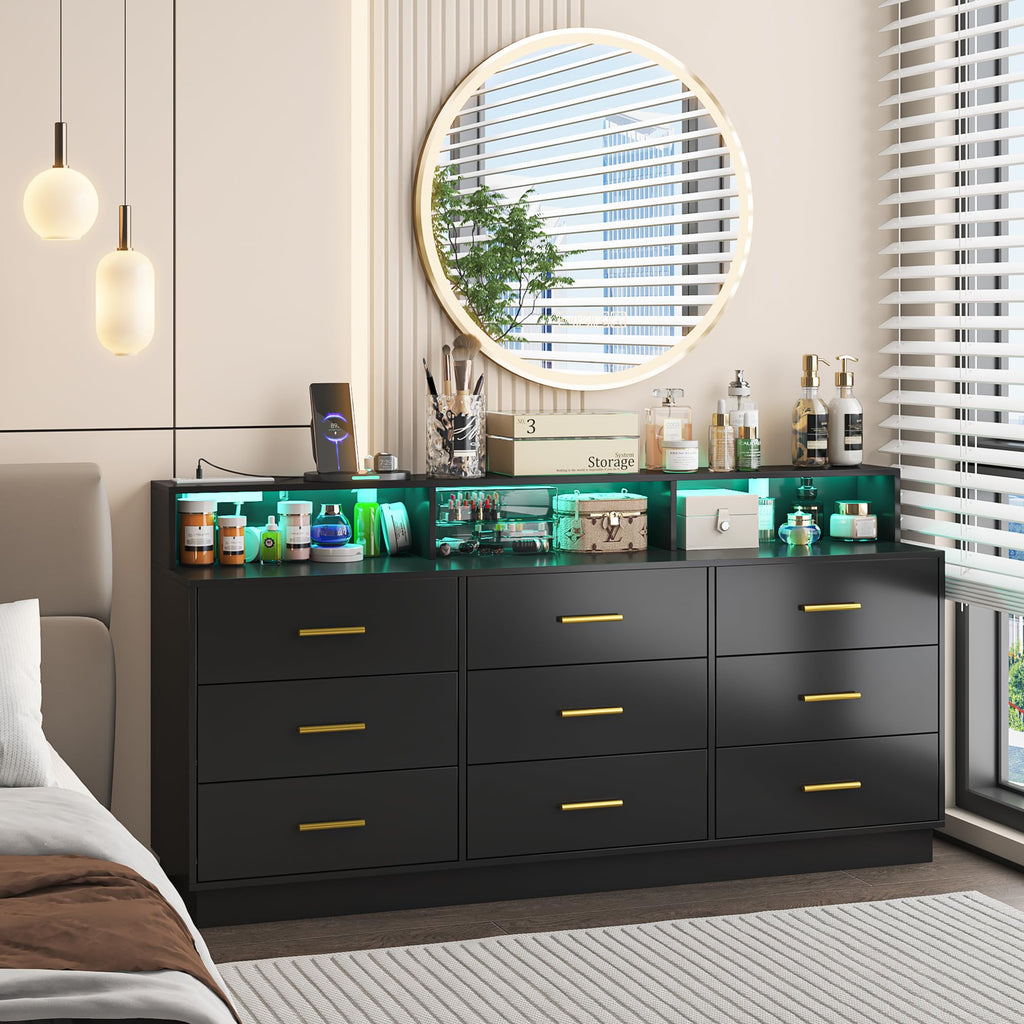 Black 9 Drawer Wood Dresser with LED Light and Power Outlet N458