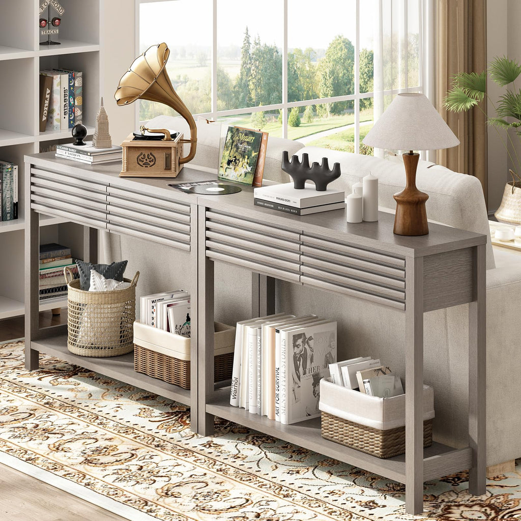 Oak Gray Fluted Console Table with Drawers E8962