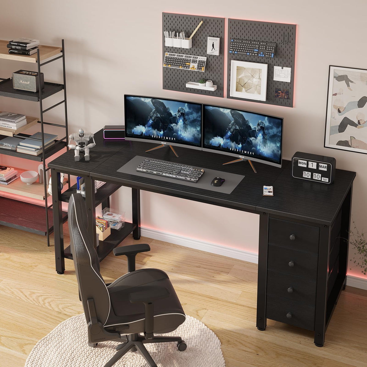 Black 55 inch Gaming Desk with 4 Drawers and Shelves E442