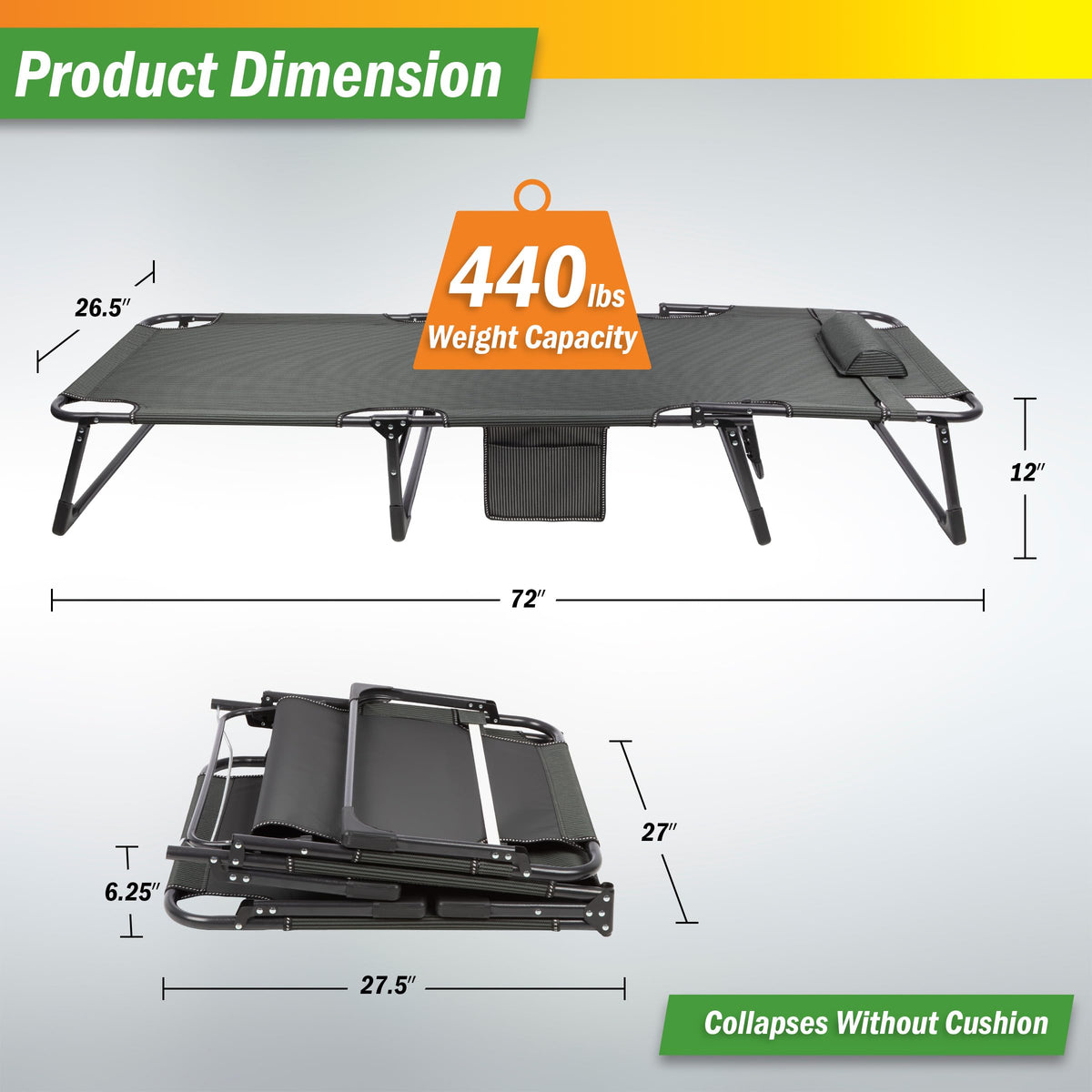 Folding Camping Cot with Mattress, Heavy Duty Foldable Bed with 3 Recline Positions, Gray E5993
