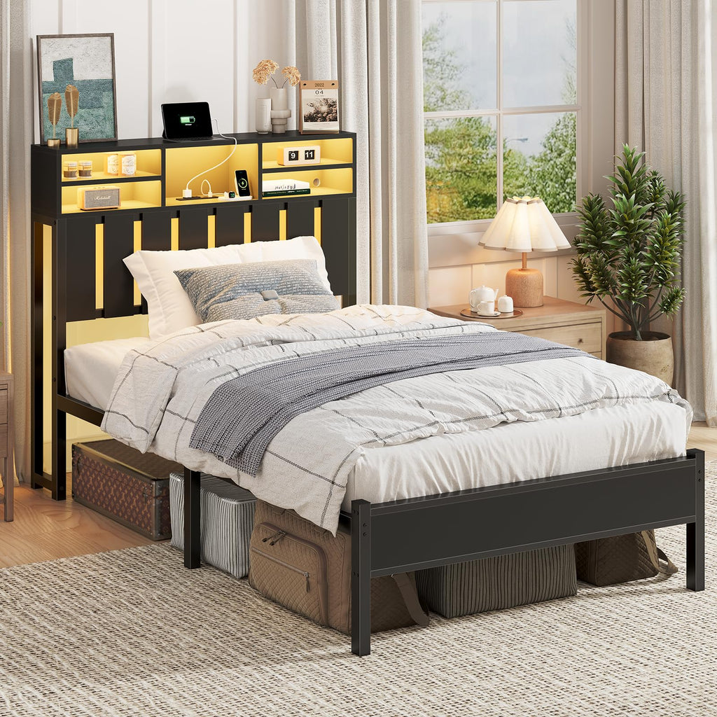 Twin Size Bed Frame with Storage Headboard and LED Lights H755