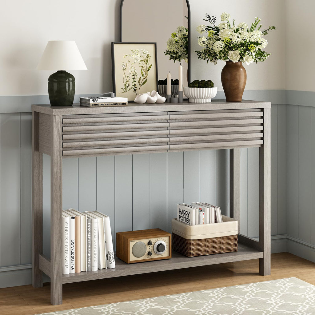Oak Gray Fluted Console Table with Drawers E8962