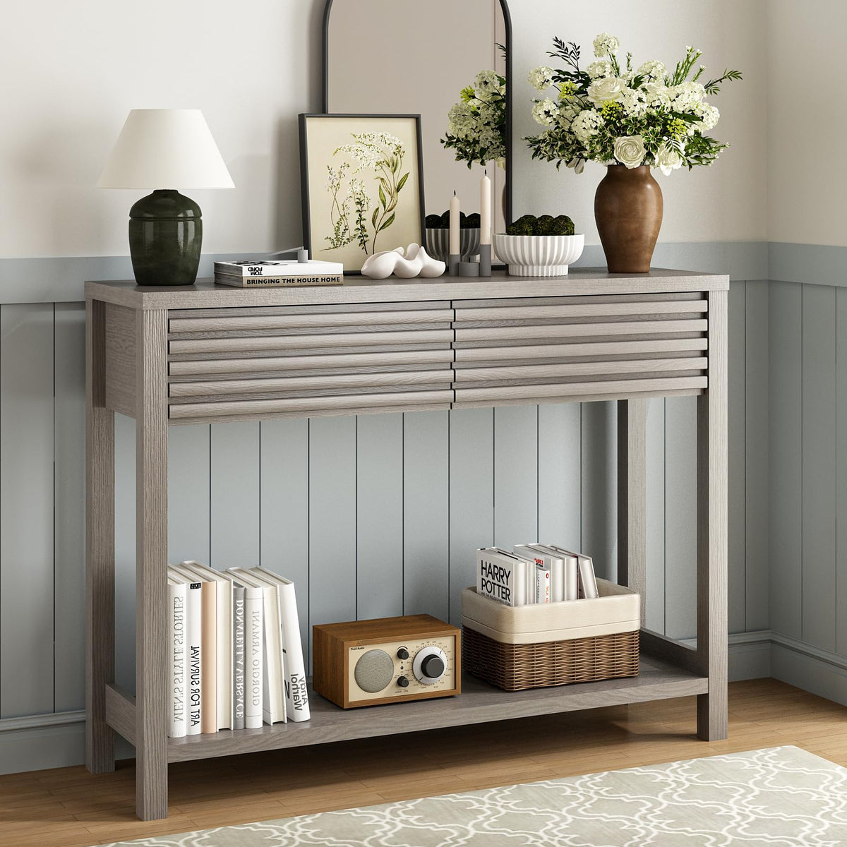 Oak Gray Fluted Console Table with Drawers E8962