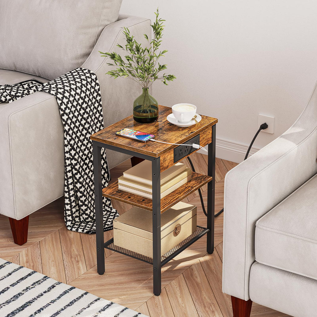 Side Table with Charging Station and USB Port, 3-Tier Nightstand with Adjustable Shelf, Rustic Brown G522