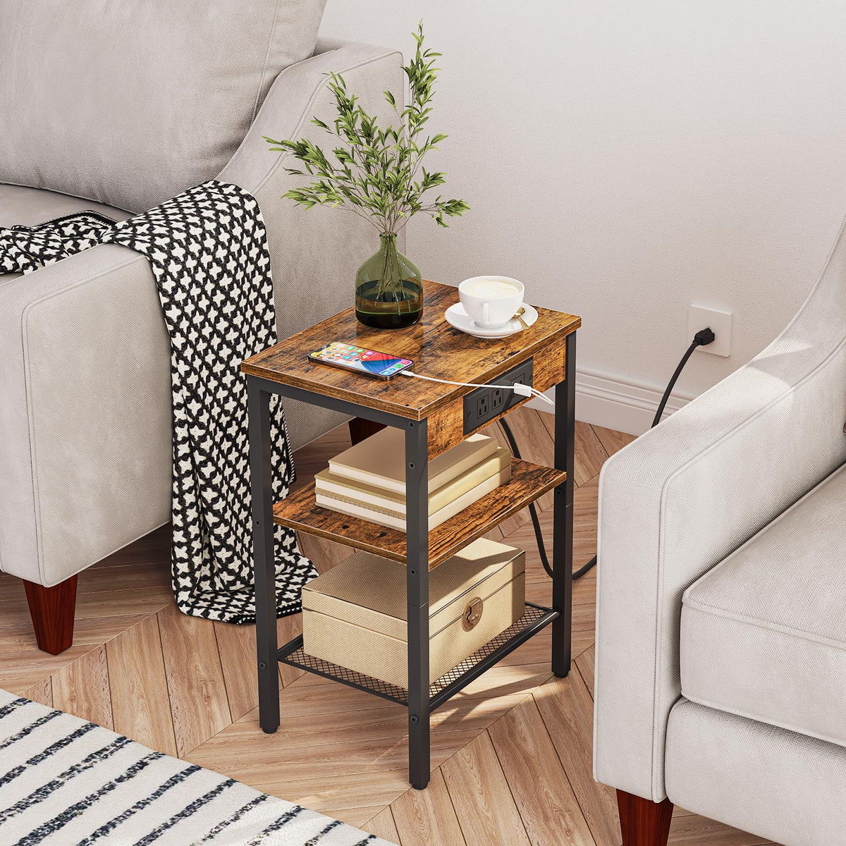 Side Table with Charging Station and USB Port, 3-Tier Nightstand with Adjustable Shelf, Rustic Brown G522