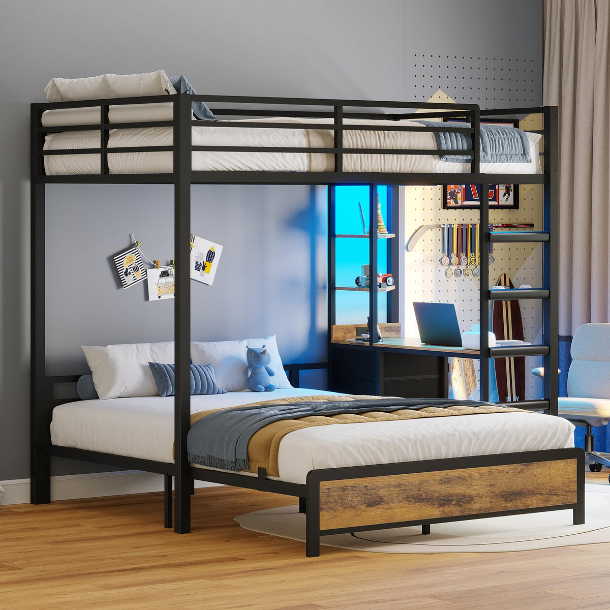 Twin Over Full Bunk Bed with Desk & 4 Storage Drawers, Black X1954